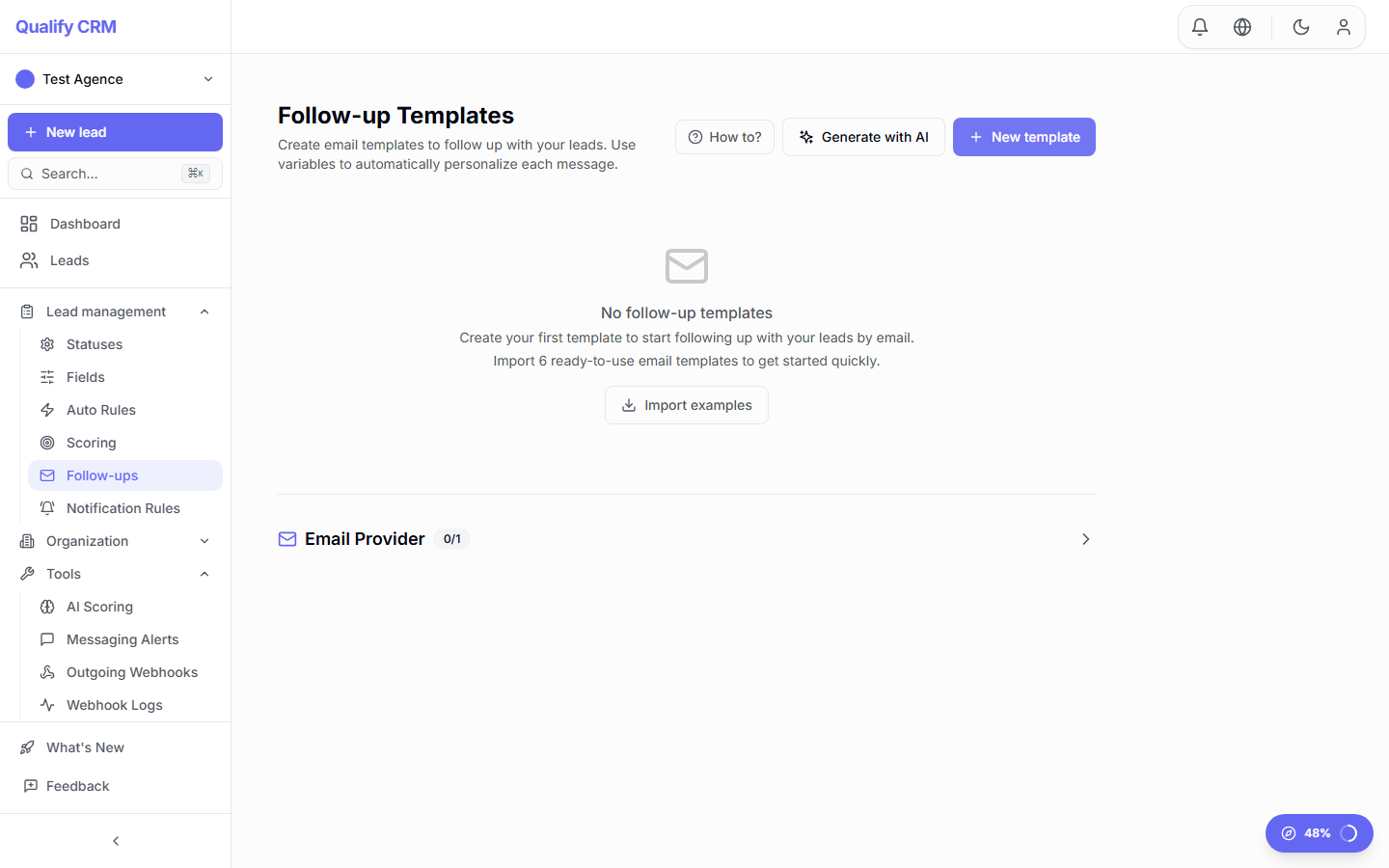 Email follow-up composer with AI tone selection and A/B variant options