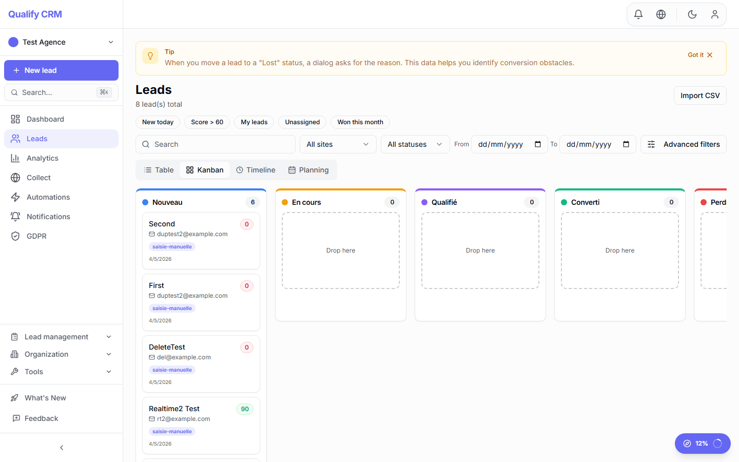 Leads Kanban board view organized by pipeline status