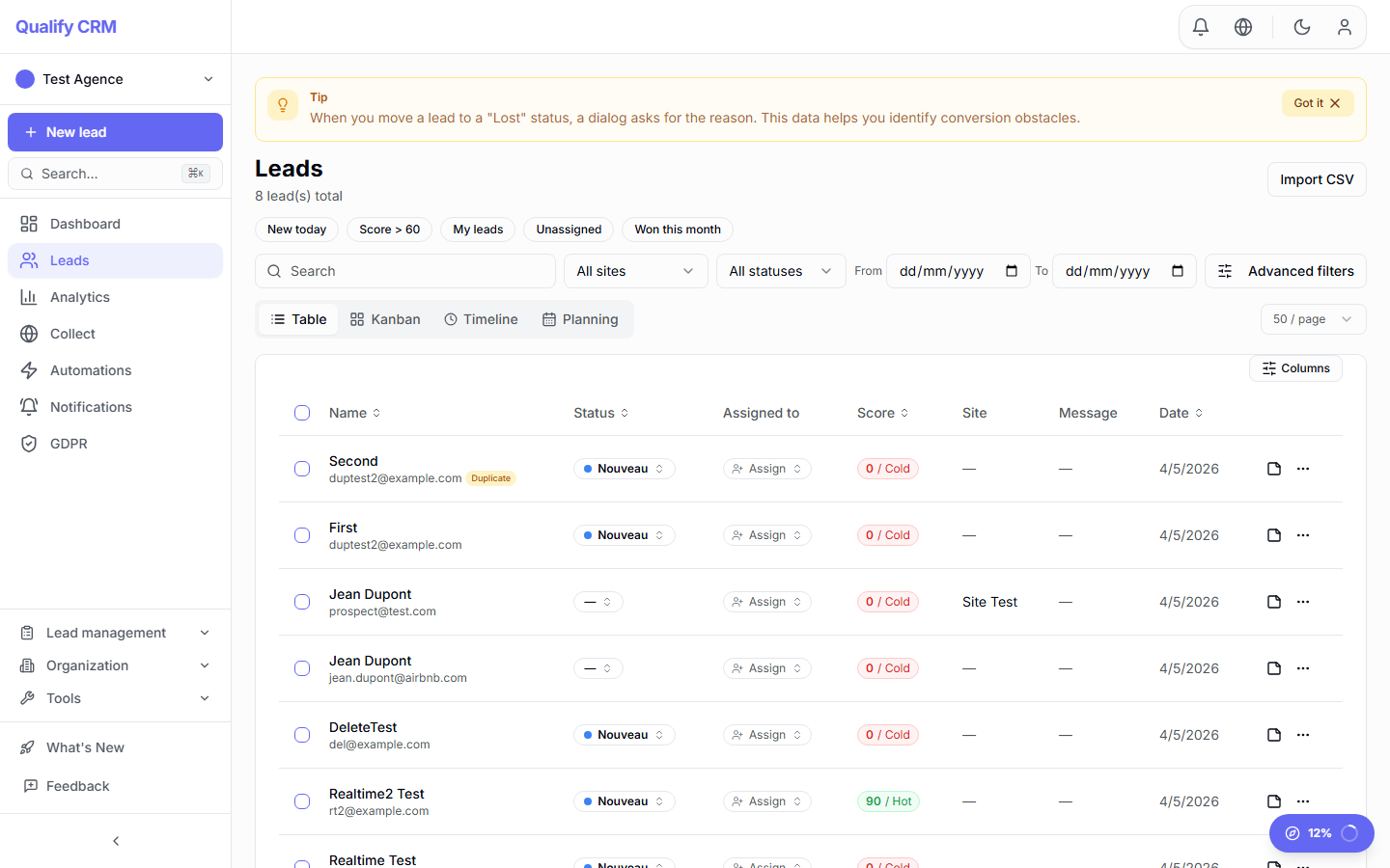 Leads table view with filters, search and status columns