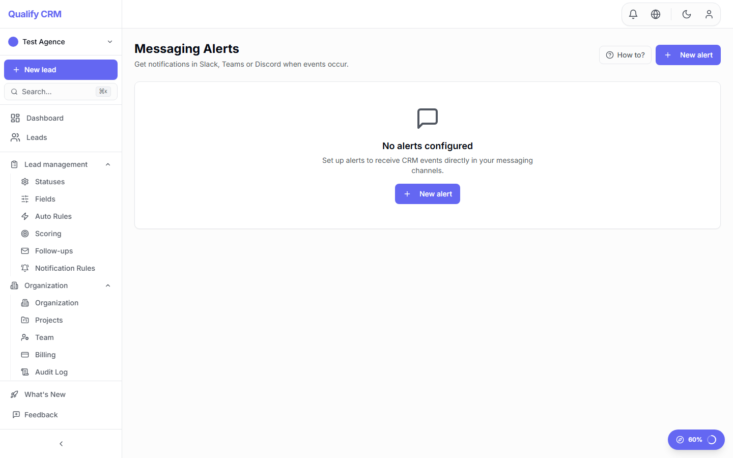Messaging alerts configuration panel with Slack, email and webhook channel options