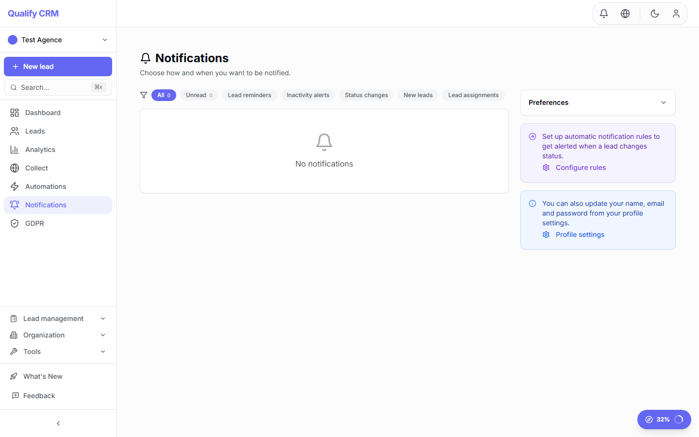 Status notifications panel showing per-status alert rules and recipient configuration