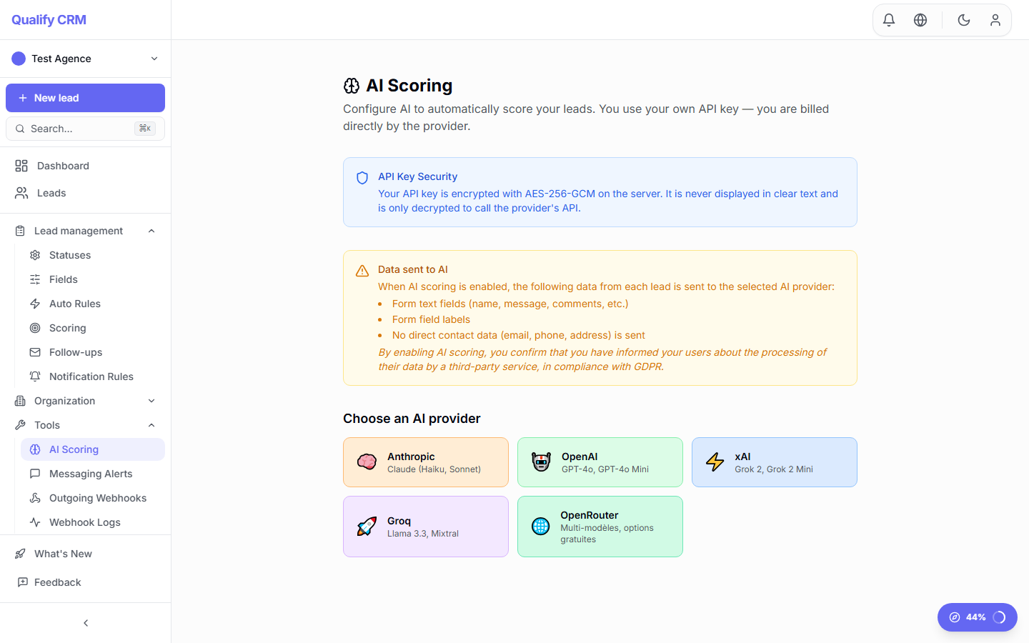 AI scoring configuration panel showing scoring weights and model settings