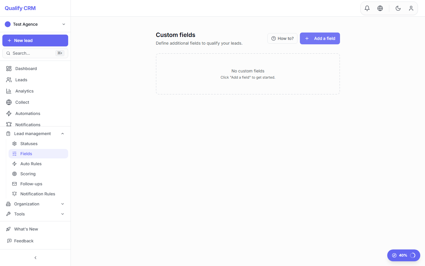 Custom fields configuration panel