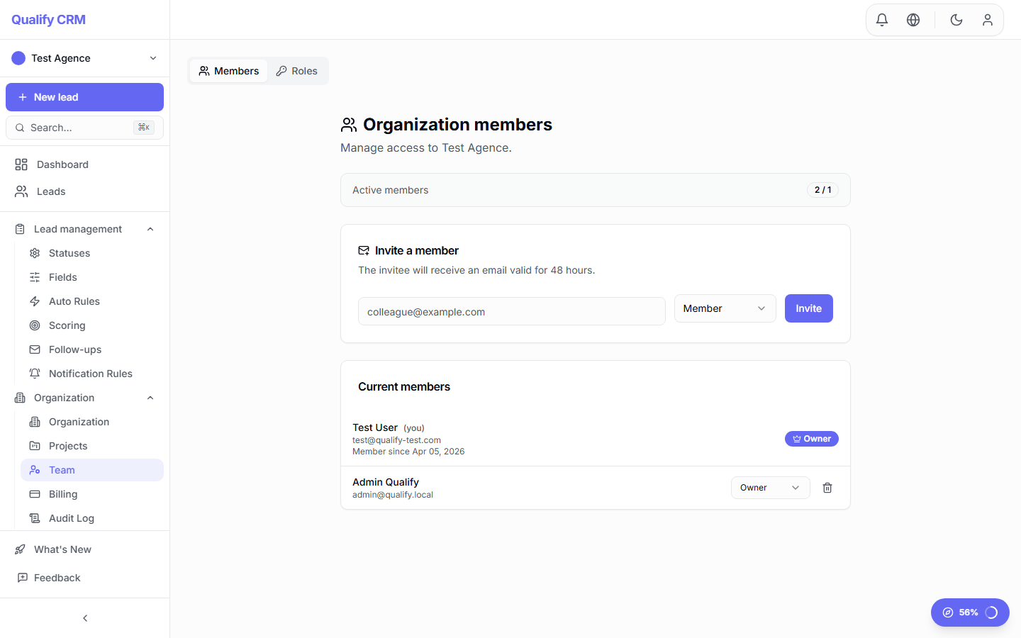 Team members settings panel showing roles, permissions and invitation management