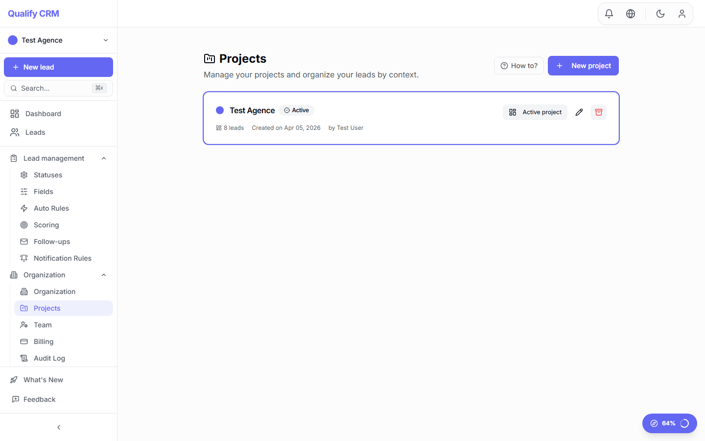 Projects management page with active projects