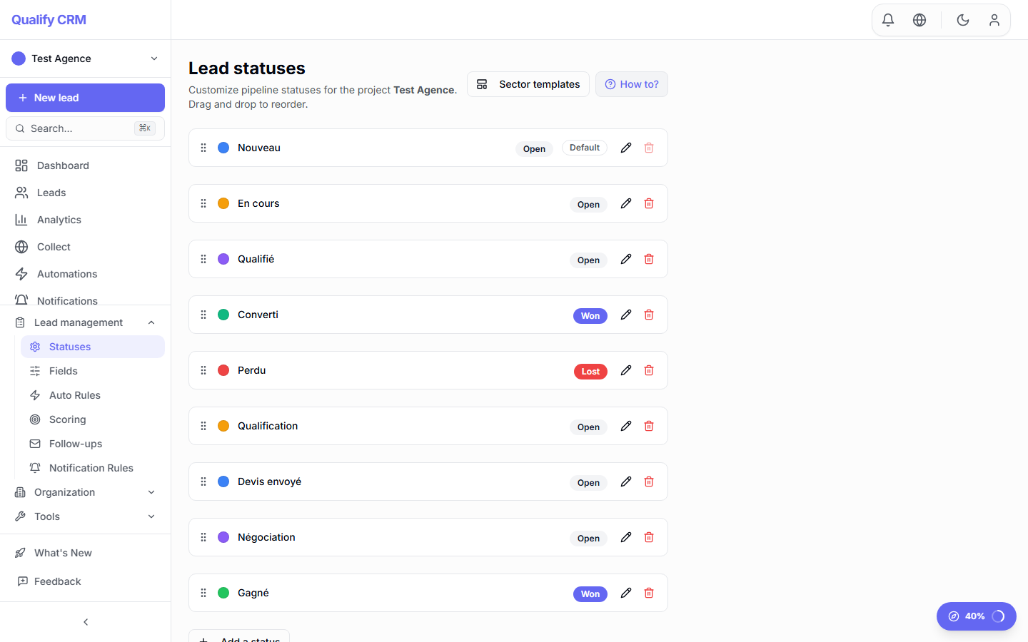 Settings panel for managing custom lead statuses and colors