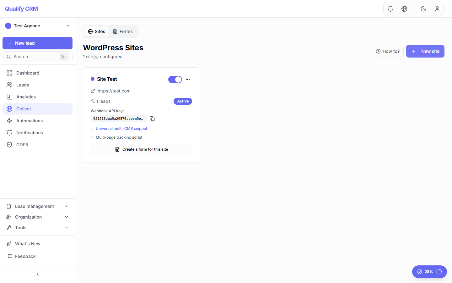 Sites panel showing WordPress integration snippet and site key