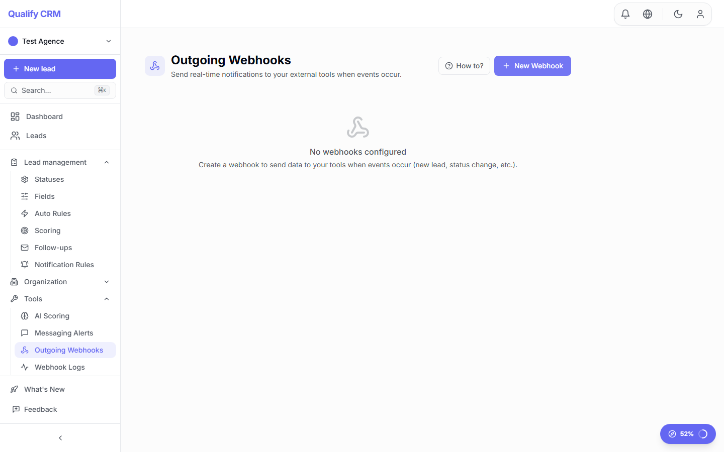 Webhooks configuration panel showing endpoint URL, events and secret key